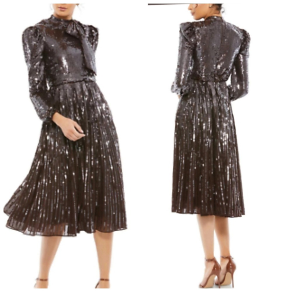 NWT Mac Duggal Size 8 Chocolate Brown Sequin Bow Long Sleeve Midi Dress 93642